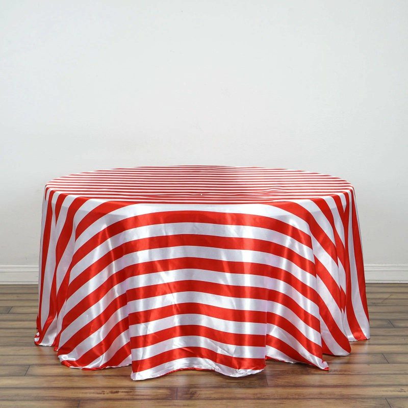 Red / White Seamless Stripe Satin Round Tablecloth 120″ for 5 Foot Table With Floor-Length Drop  |   Satin Satin Red