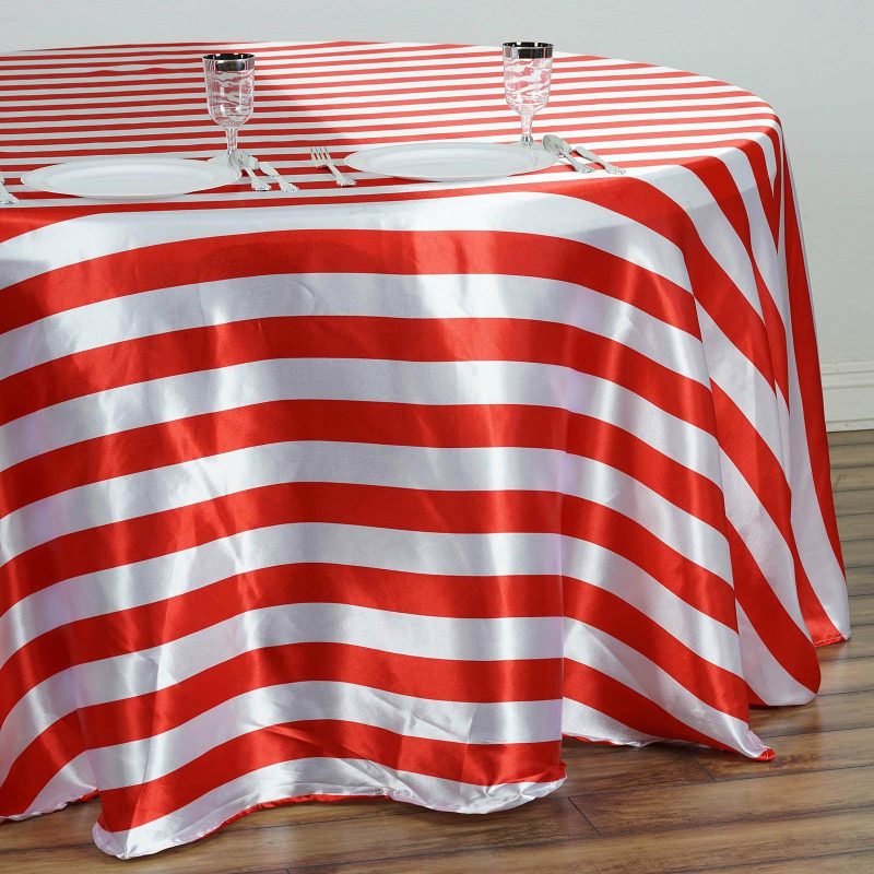 Red / White Seamless Stripe Satin Round Tablecloth 120″ for 5 Foot Table With Floor-Length Drop  |   Satin Satin Red