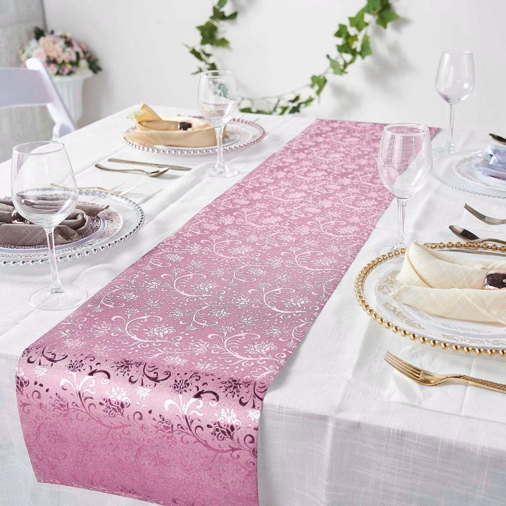 Rose Gold Glamorous Vintage Floral Table Runner, Disposable Paper Table Runner 9ft  |   Stylish Stylish Rose gold