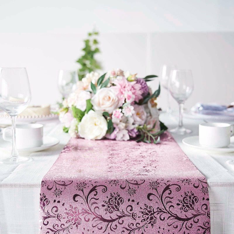 Rose Gold Glamorous Vintage Floral Table Runner, Disposable Paper Table Runner 9ft  |   Stylish Stylish Rose gold