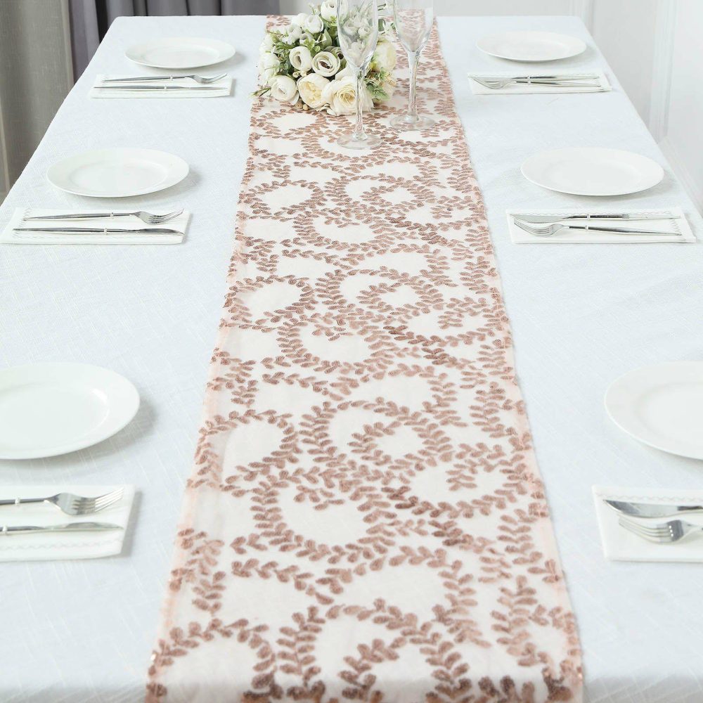 Rose Gold Leaf Vine Embroidered Sequin Mesh Like Table Runner 12″x108″  |   Sequin Sequin Rose gold