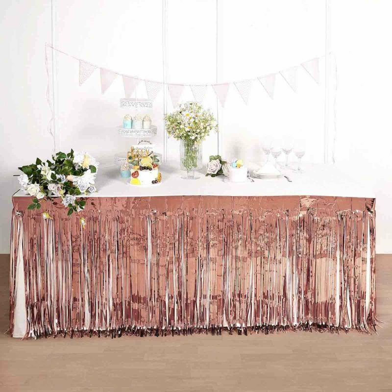 Rose Gold Metallic Foil Fringe Table Skirt, Self Adhesive Tinsel Table Skirt 30″x9ft  |   Disposable Tablecloth Disposable Tablecloth Disposable Tablecloth