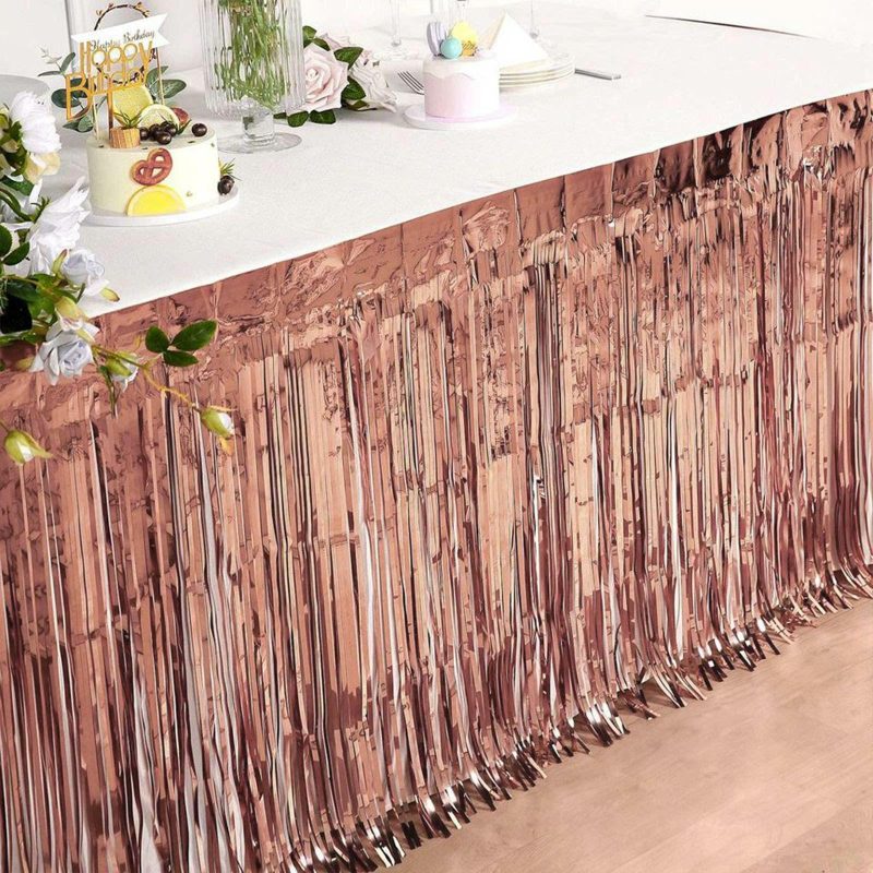 Rose Gold Metallic Foil Fringe Table Skirt, Self Adhesive Tinsel Table Skirt 30″x9ft  |   Disposable Tablecloth Disposable Tablecloth Disposable Tablecloth