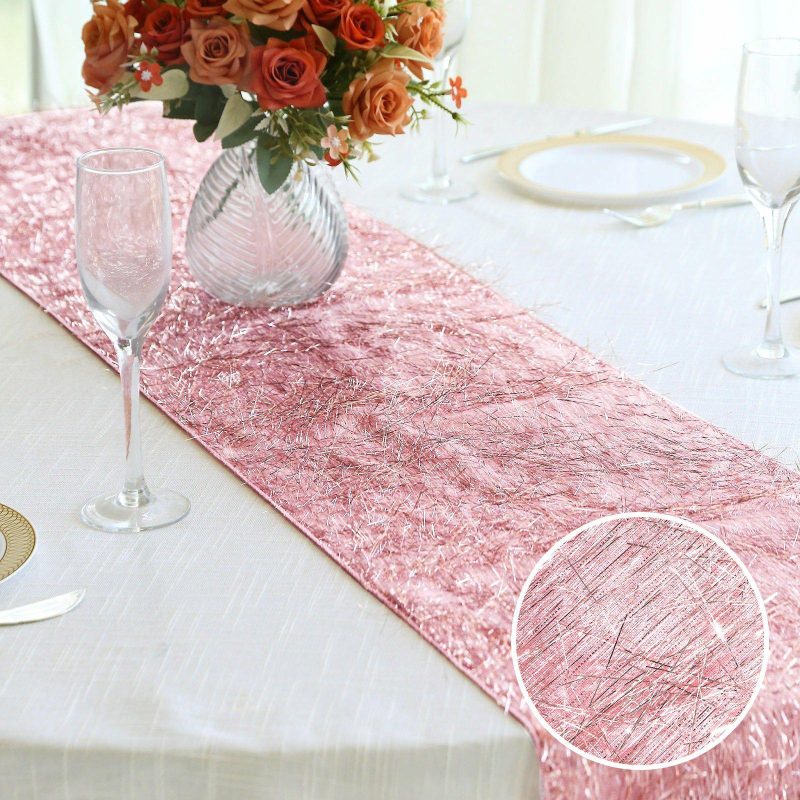 Rose Gold Metallic Fringe Shag Tinsel Table Runner, Shimmery Polyester Table Runner 12″x108″  |   Stylish Stylish Rose gold