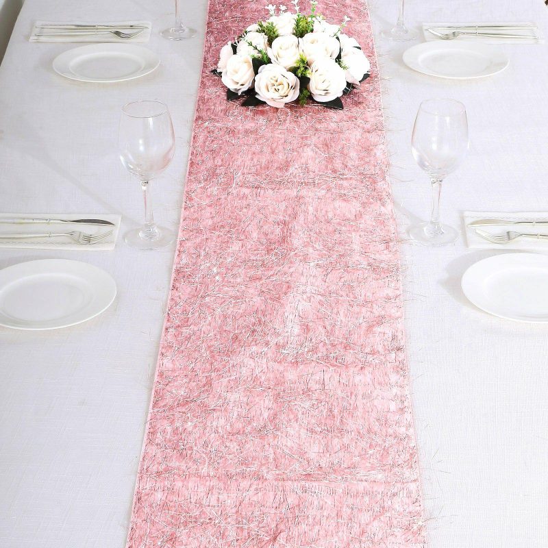 Rose Gold Metallic Fringe Shag Tinsel Table Runner, Shimmery Polyester Table Runner 12″x108″  |   Stylish Stylish Rose gold