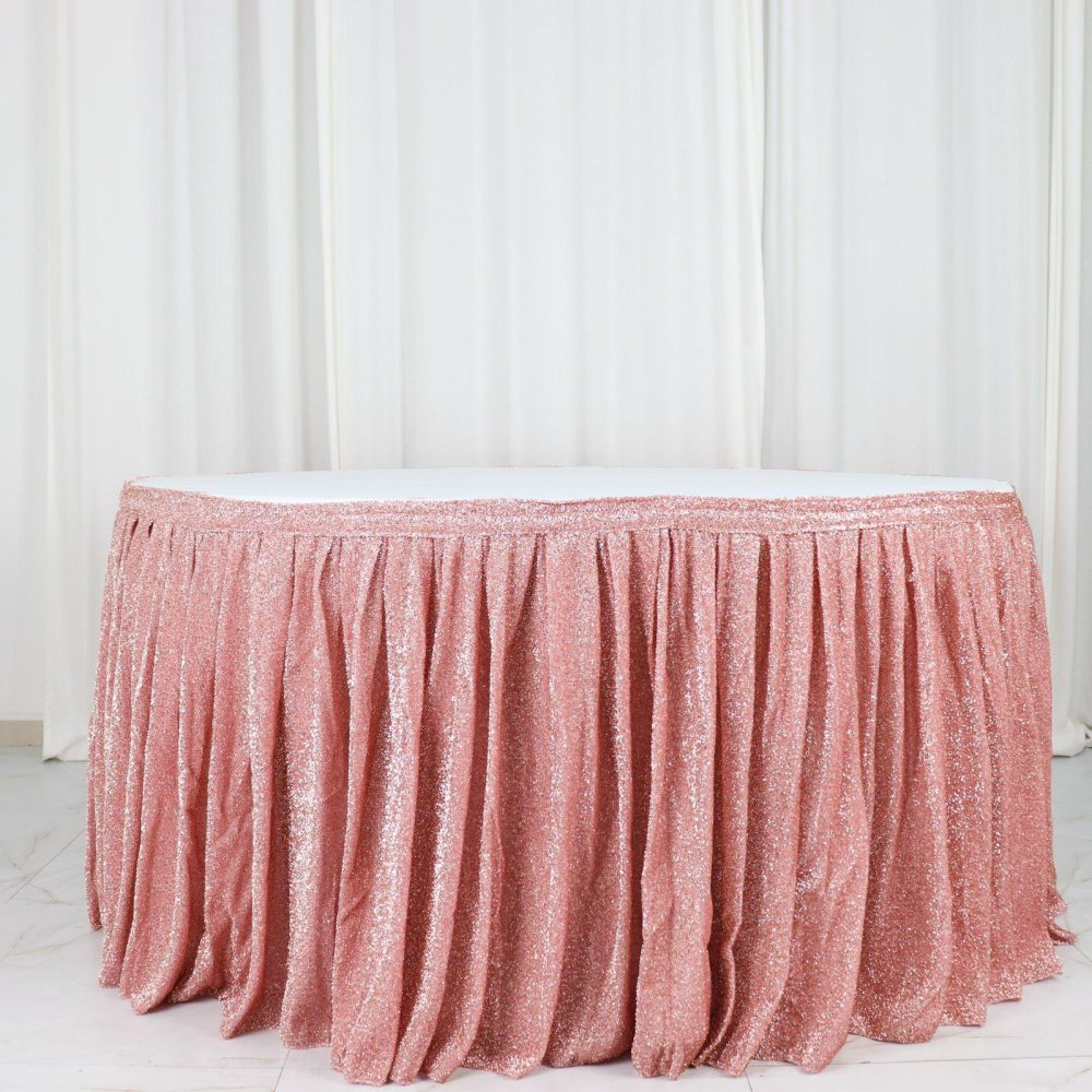 Rose Gold Metallic Shimmer Tinsel Spandex Pleated Table Skirt with Top Velcro Strip 17ft  |   Satin Shimmer Satin Shimmer Rose gold