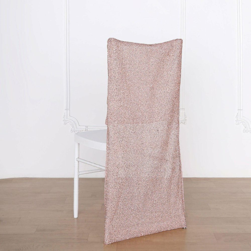 Rose Gold Metallic Shimmer Tinsel Spandex Stretch Chair Slipcover  |   Stylish Chair Sashes Rose gold