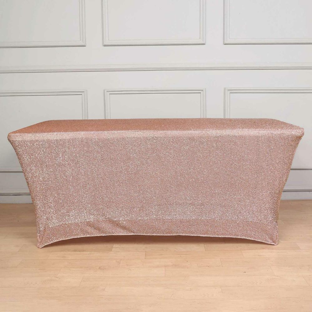 Rose Gold Metallic Shimmer Tinsel Spandex Tablecloth 6ft Rectangle Fitted Table Cover for 72″x30″ Tables  |   Spandex & Fitted Spandex & Fitted Rose gold