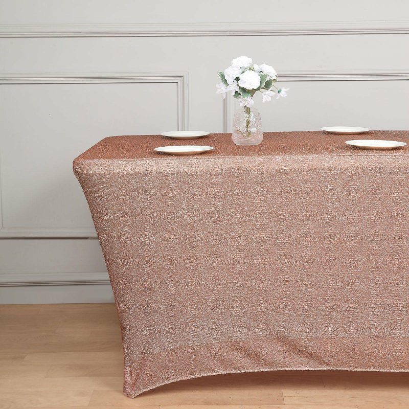 Rose Gold Metallic Shimmer Tinsel Spandex Tablecloth 6ft Rectangle Fitted Table Cover for 72″x30″ Tables  |   Spandex & Fitted Spandex & Fitted Rose gold