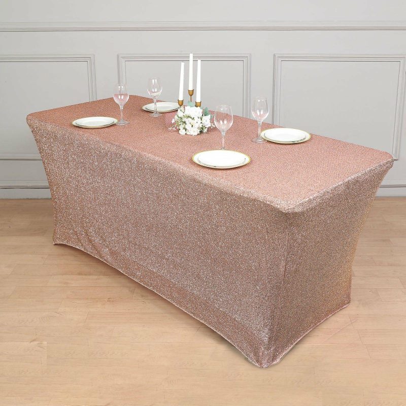 Rose Gold Metallic Shimmer Tinsel Spandex Tablecloth 6ft Rectangle Fitted Table Cover for 72″x30″ Tables  |   Spandex & Fitted Spandex & Fitted Rose gold