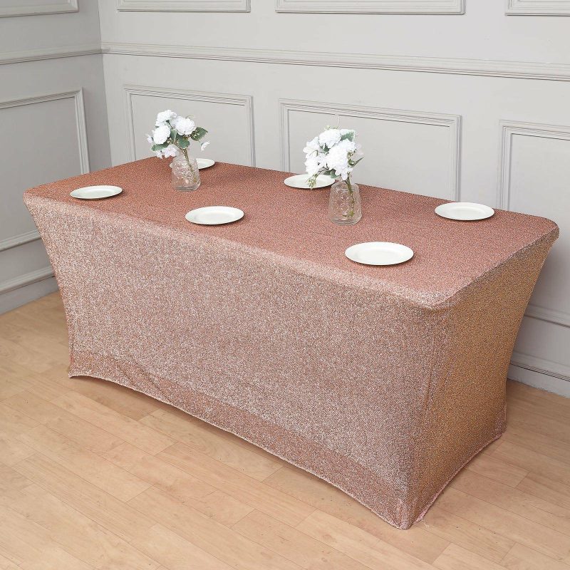 Rose Gold Metallic Shimmer Tinsel Spandex Tablecloth 6ft Rectangle Fitted Table Cover for 72″x30″ Tables  |   Spandex & Fitted Spandex & Fitted Rose gold