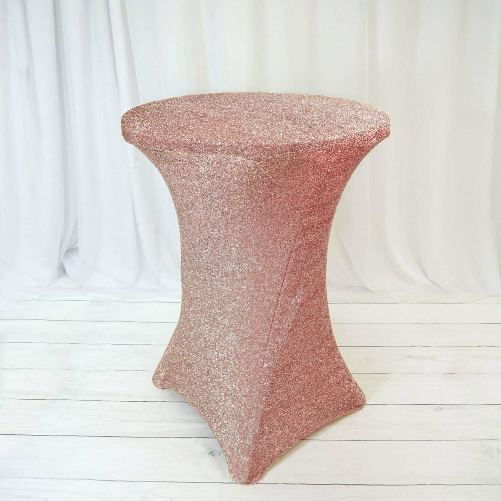 Rose Gold Metallic Shiny Glittered Spandex Cocktail Table Cover  |   Spandex & Fitted Spandex & Fitted Rose gold