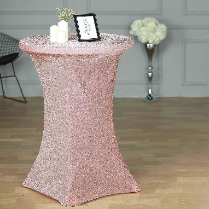 Rose Gold Metallic Shiny Glittered Spandex Cocktail Table Cover  |   Spandex & Fitted Spandex & Fitted Rose gold