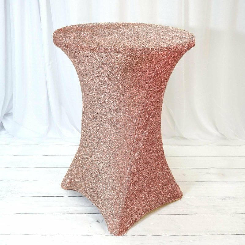 Rose Gold Metallic Shiny Glittered Spandex Cocktail Table Cover  |   Spandex & Fitted Spandex & Fitted Rose gold