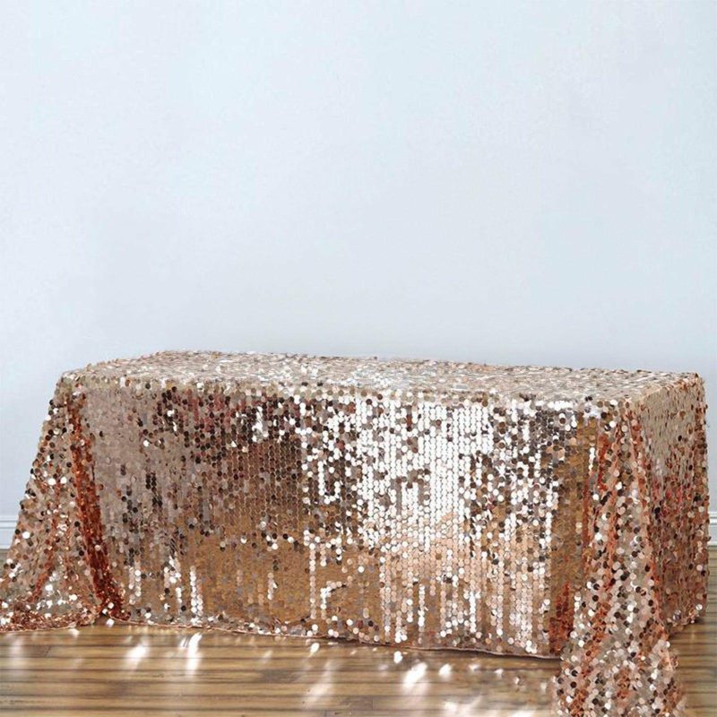 Rose Gold Seamless Big Payette Sequin Rectangle Tablecloth 90″x132″ for 6 Foot Table With Floor-Length Drop  |   Sequin Sequin Rose gold