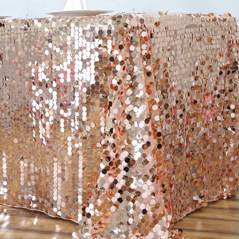 Rose Gold Seamless Big Payette Sequin Rectangle Tablecloth 90″x132″ for 6 Foot Table With Floor-Length Drop  |   Sequin Sequin Rose gold