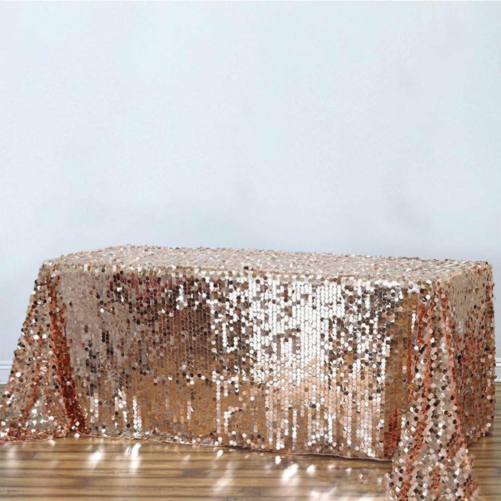 Rose Gold Seamless Big Payette Sequin Rectangle Tablecloth Premium 90″x156″ for 8 Foot Table With Floor-Length Drop  |   Sequin Sequin Rose gold