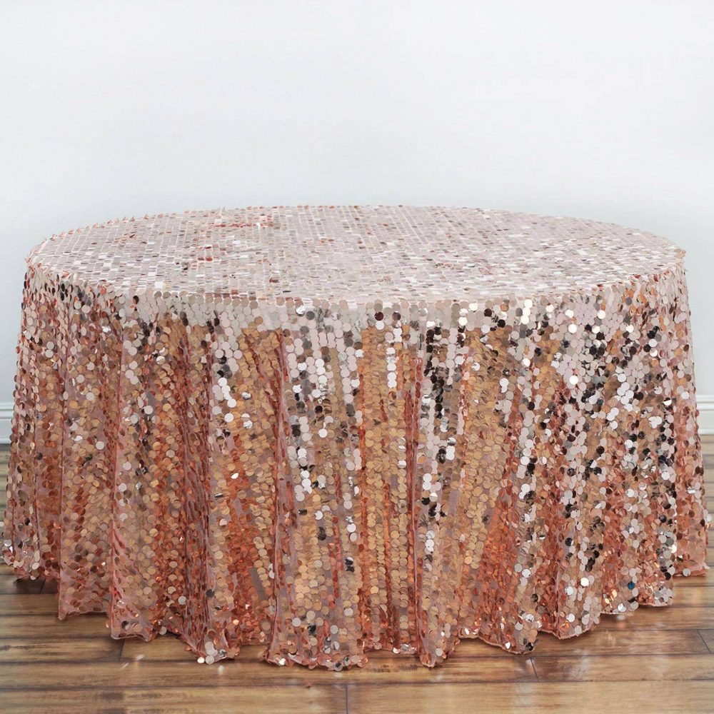 Rose Gold Seamless Big Payette Sequin Round Tablecloth Premium Collection 120″ for 5 Foot Table With Floor-Length Drop  |   Sequin Sequin Rose gold