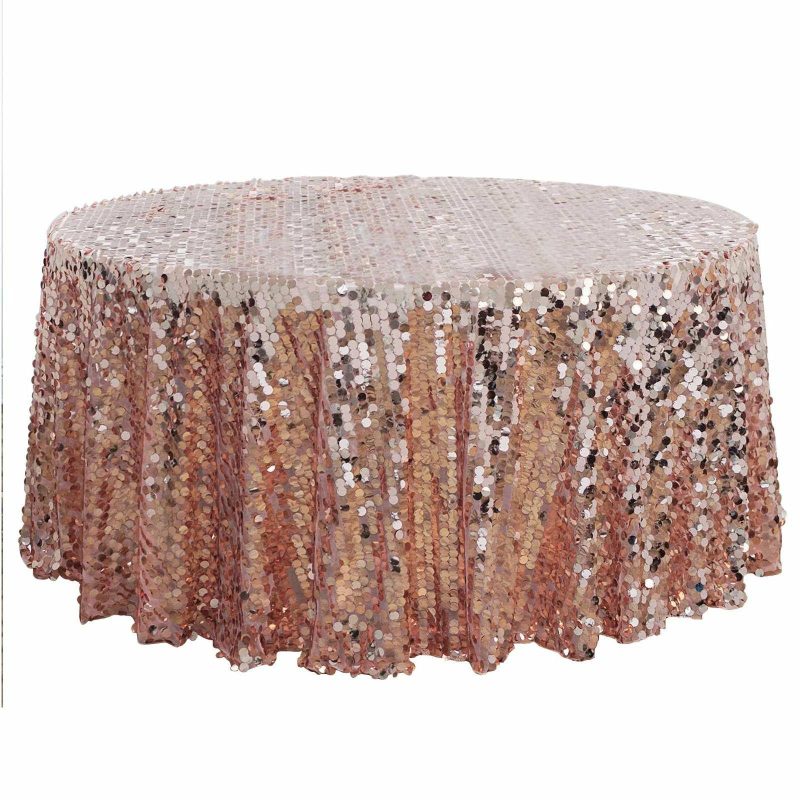 Rose Gold Seamless Big Payette Sequin Round Tablecloth Premium Collection 120″ for 5 Foot Table With Floor-Length Drop  |   Sequin Sequin Rose gold