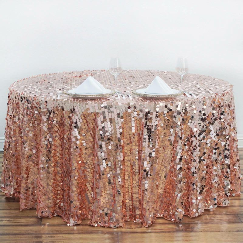 Rose Gold Seamless Big Payette Sequin Round Tablecloth Premium Collection 120″ for 5 Foot Table With Floor-Length Drop  |   Sequin Sequin Rose gold