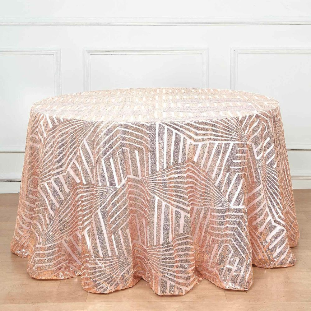 Rose Gold Seamless Diamond Glitz Sequin Round Tablecloth 120″ for 5 Foot Table With Floor-Length Drop  |   Sequin Sequin Rose gold