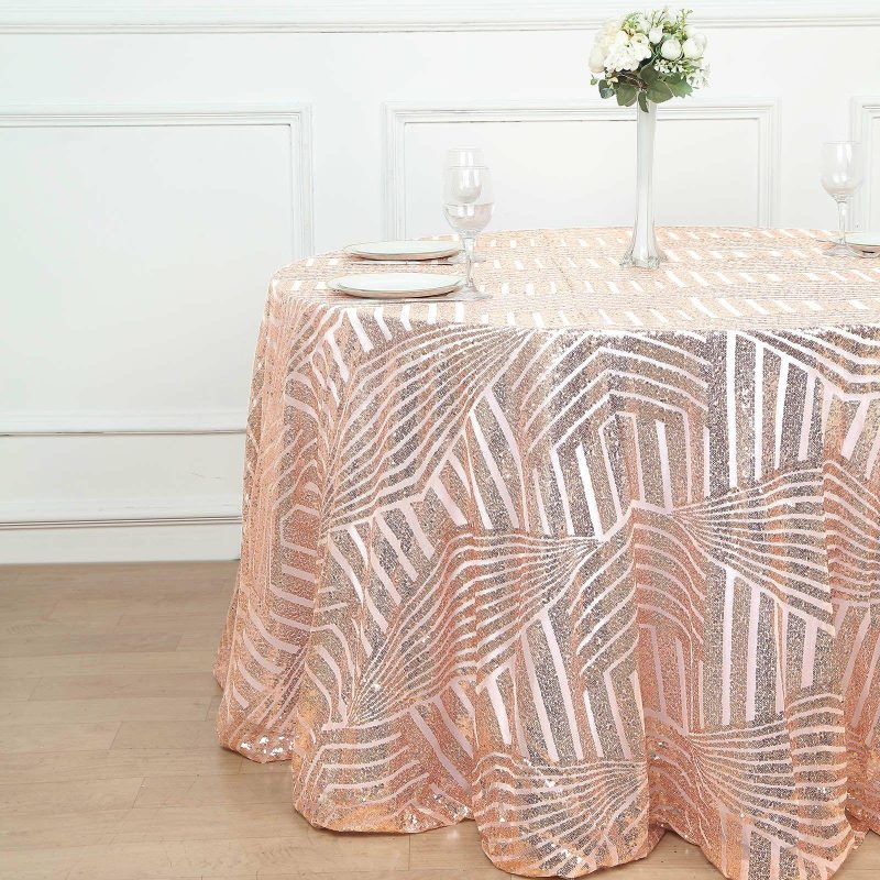 Rose Gold Seamless Diamond Glitz Sequin Round Tablecloth 120″ for 5 Foot Table With Floor-Length Drop  |   Sequin Sequin Rose gold