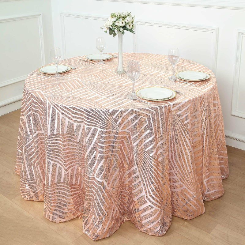 Rose Gold Seamless Diamond Glitz Sequin Round Tablecloth 120″ for 5 Foot Table With Floor-Length Drop  |   Sequin Sequin Rose gold