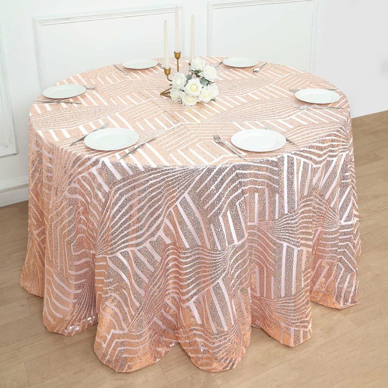 Rose Gold Seamless Diamond Glitz Sequin Round Tablecloth 120″ for 5 Foot Table With Floor-Length Drop  |   Sequin Sequin Rose gold