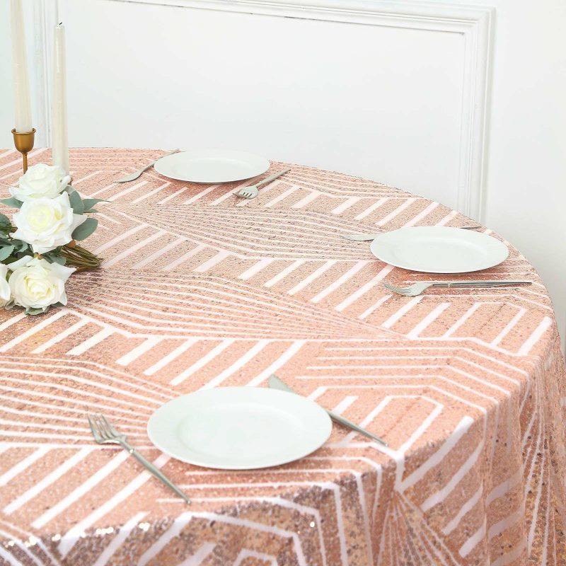 Rose Gold Seamless Diamond Glitz Sequin Round Tablecloth 120″ for 5 Foot Table With Floor-Length Drop  |   Sequin Sequin Rose gold