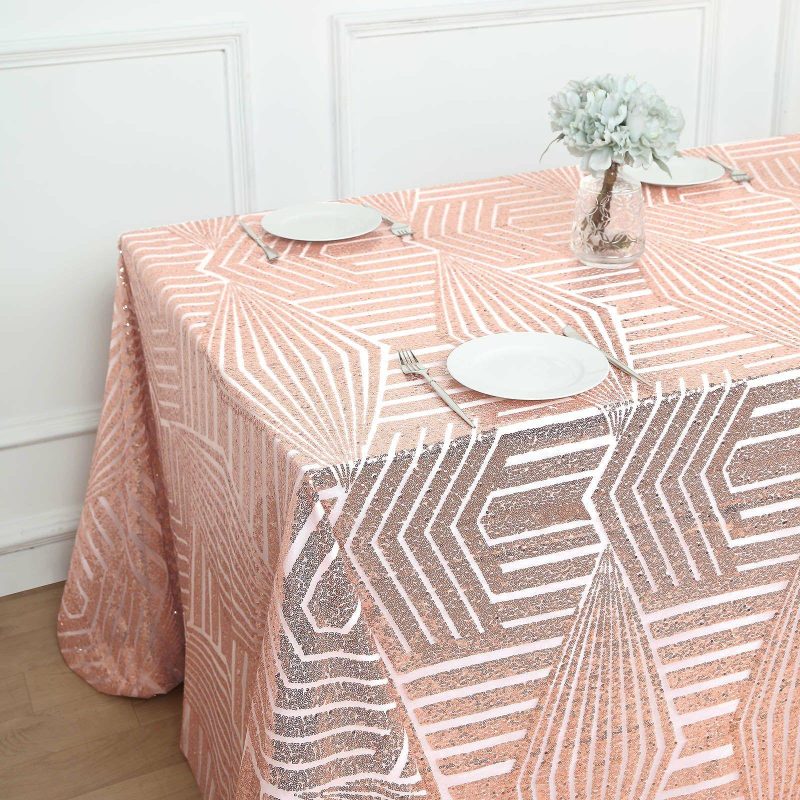 Rose Gold Seamless Diamond Sequin Rectangular Tablecloth 90″x132″ for 6 Foot Table With Floor-Length Drop  |   Sequin Sequin Rose gold