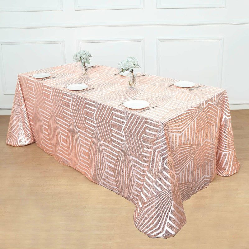 Rose Gold Seamless Diamond Sequin Rectangular Tablecloth 90″x132″ for 6 Foot Table With Floor-Length Drop  |   Sequin Sequin Rose gold