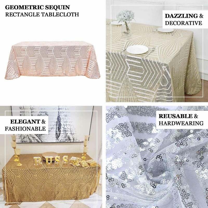 Rose Gold Seamless Diamond Sequin Rectangular Tablecloth 90″x132″ for 6 Foot Table With Floor-Length Drop  |   Sequin Sequin Rose gold