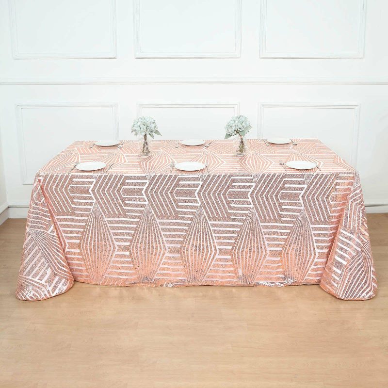 Rose Gold Seamless Diamond Sequin Rectangular Tablecloth 90″x132″ for 6 Foot Table With Floor-Length Drop  |   Sequin Sequin Rose gold