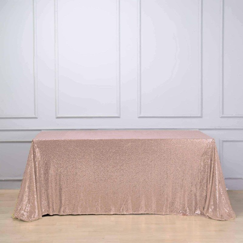 Rose Gold Seamless Premium Sequin Rectangle Tablecloth 90″x132″ for 6 Foot Table With Floor-Length Drop  |   Sequin Sequin Rose gold