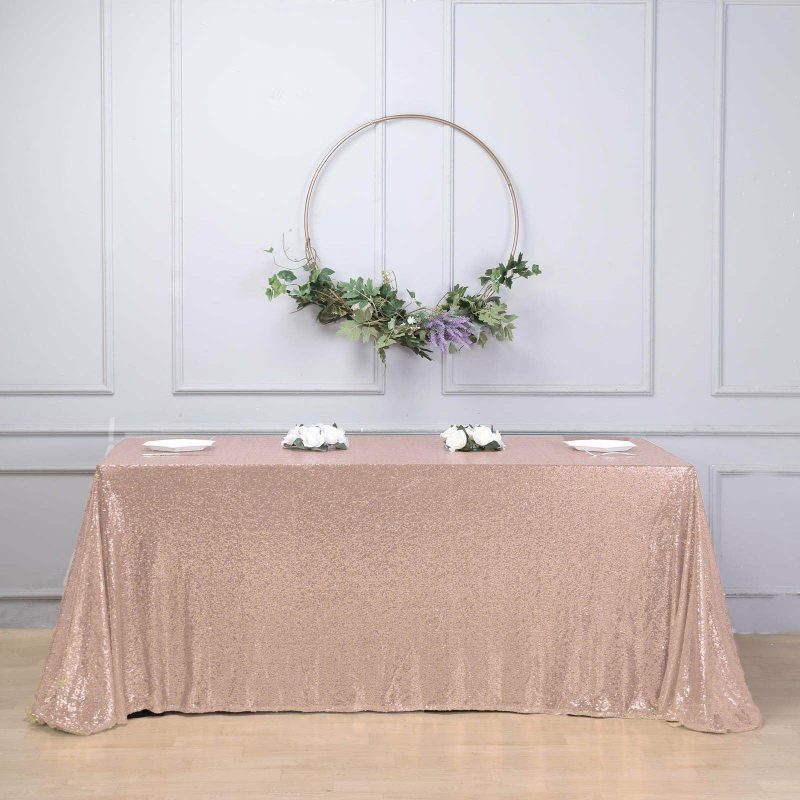 Rose Gold Seamless Premium Sequin Rectangle Tablecloth 90″x132″ for 6 Foot Table With Floor-Length Drop  |   Sequin Sequin Rose gold