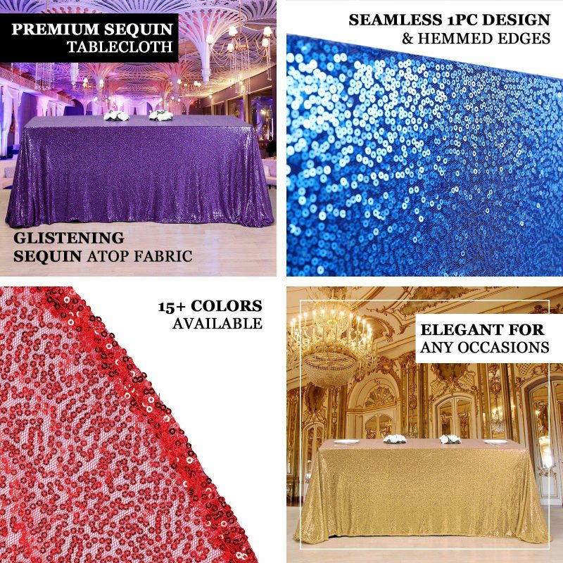 Rose Gold Seamless Premium Sequin Rectangle Tablecloth 90″x132″ for 6 Foot Table With Floor-Length Drop  |   Sequin Sequin Rose gold