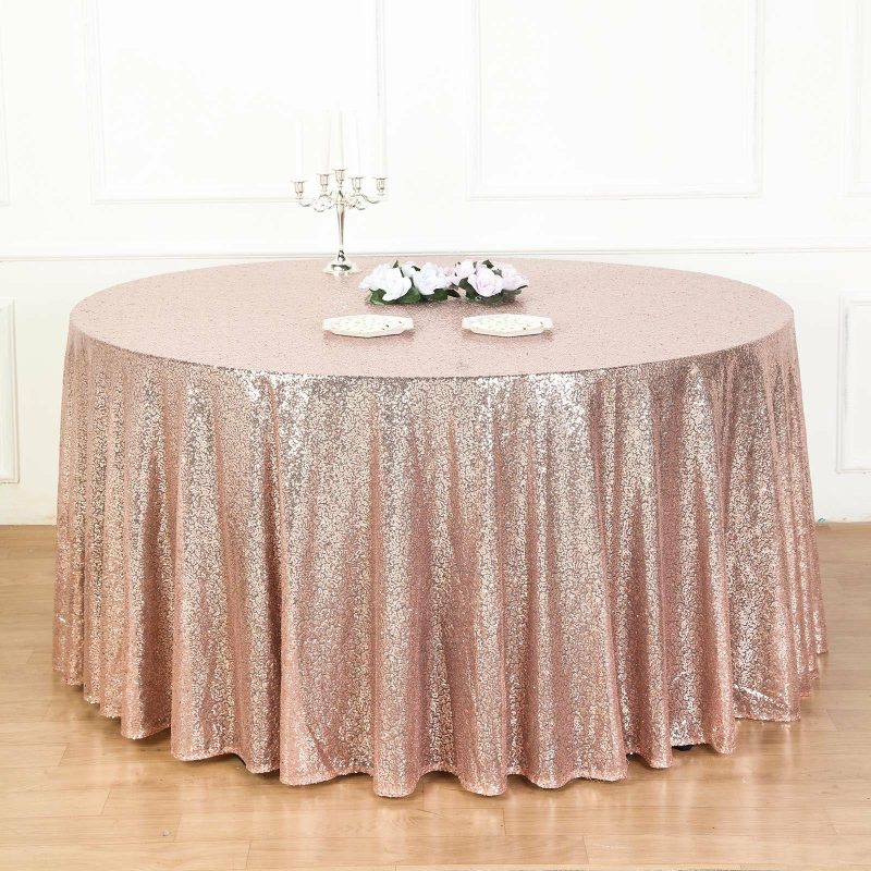 Rose Gold Seamless Premium Sequin Round Tablecloth, Sparkly Tablecloth 132″  |   Sequin Sequin Rose gold