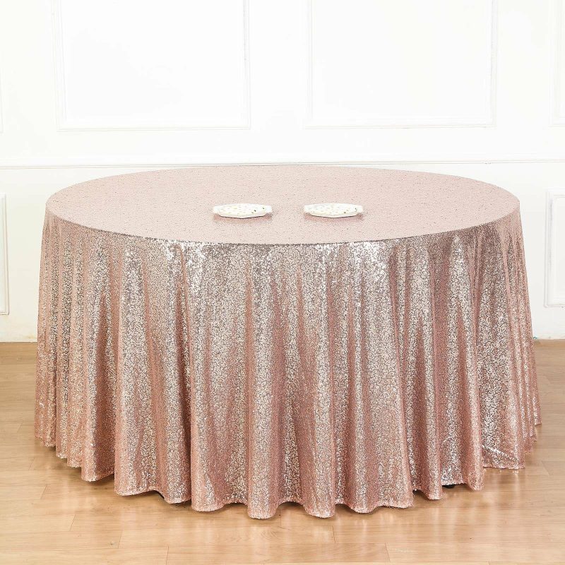 Rose Gold Seamless Premium Sequin Round Tablecloth, Sparkly Tablecloth 132″  |   Sequin Sequin Rose gold