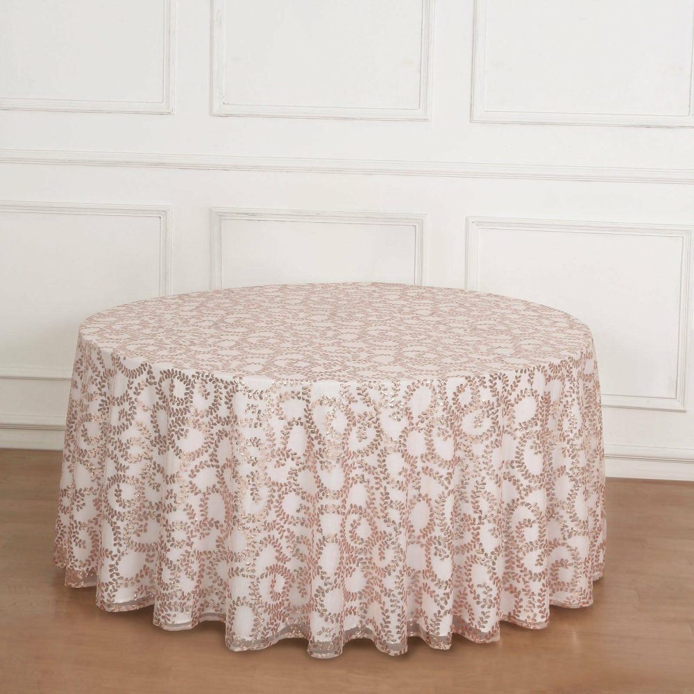 Rose Gold Sequin Leaf Embroidered Seamless Tulle Round Tablecloth, Sheer Table Overlay 120″ for 5 Foot Table With Floor-Length Drop  |   Sequin Sequin Rose gold