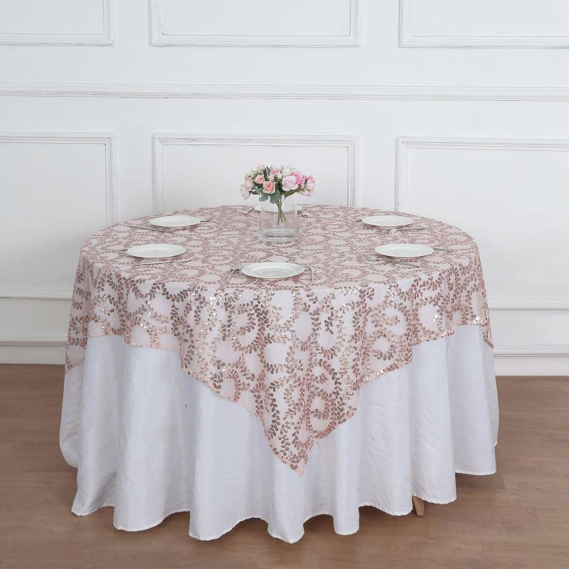 Rose Gold Sequin Leaf Embroidered Seamless Tulle Table Overlay, Square Sheer Table Topper 72″x72″  |   Sequin Sequin Rose gold