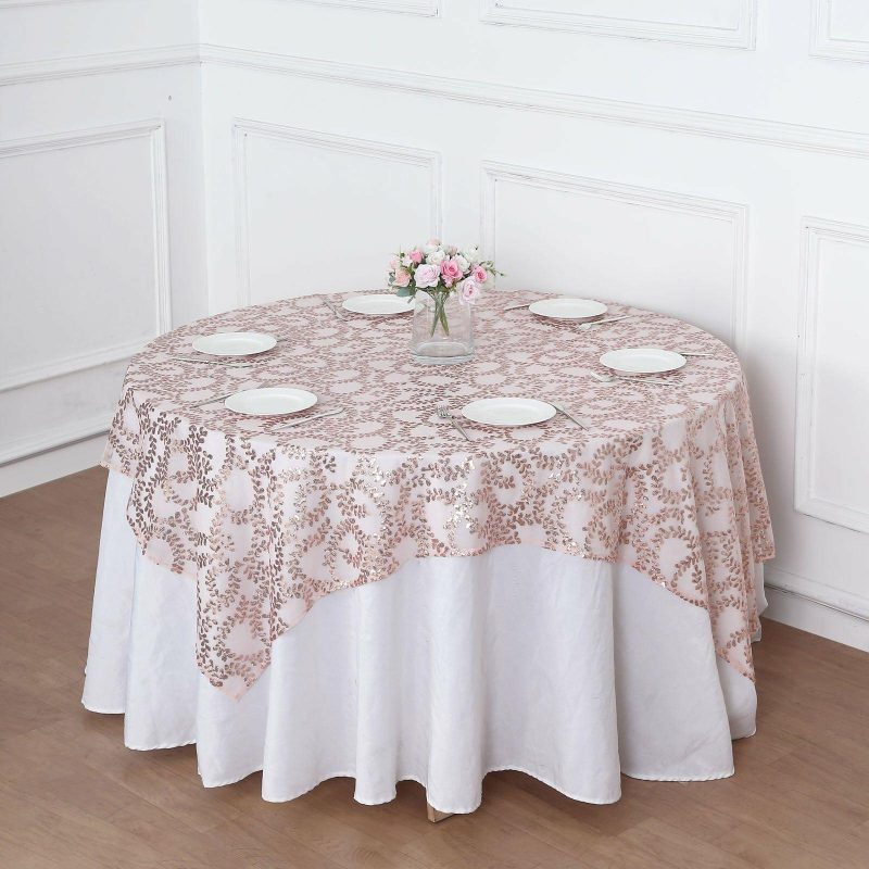 Rose Gold Sequin Leaf Embroidered Seamless Tulle Table Overlay, Square Sheer Table Topper 72″x72″  |   Sequin Sequin Rose gold