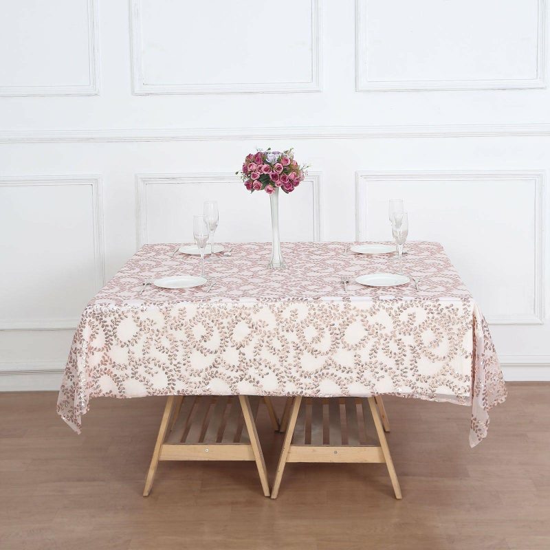 Rose Gold Sequin Leaf Embroidered Seamless Tulle Table Overlay, Square Sheer Table Topper 72″x72″  |   Sequin Sequin Rose gold