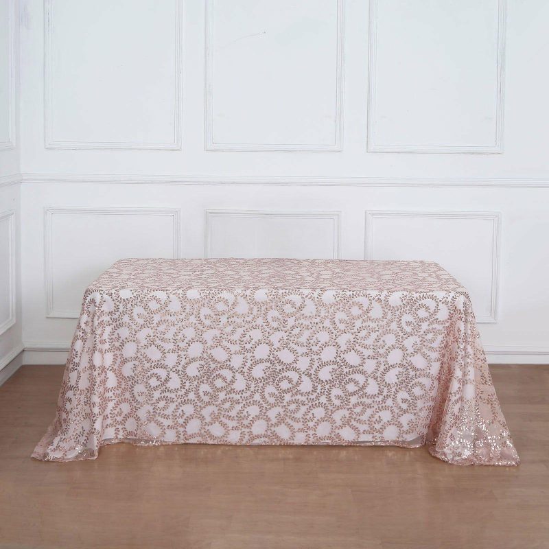 Rose Gold Sequin Leaf Embroidered Tulle Rectangular Tablecloth 90″x156″ for 8 Foot Table With Floor-Length Drop  |   Sequin Sequin Blush