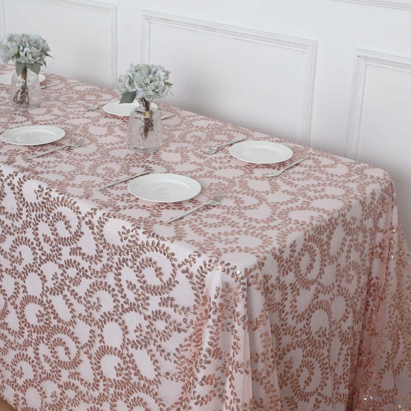 Rose Gold Sequin Leaf Embroidered Tulle Rectangular Tablecloth 90″x156″ for 8 Foot Table With Floor-Length Drop  |   Sequin Sequin Blush