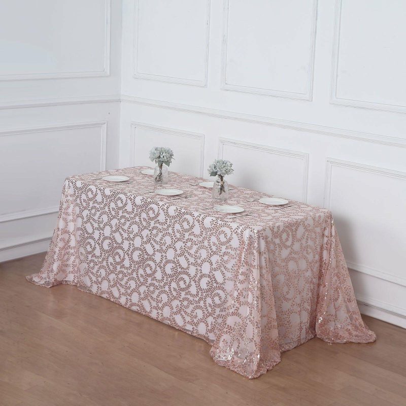 Rose Gold Sequin Leaf Embroidered Tulle Rectangular Tablecloth 90″x156″ for 8 Foot Table With Floor-Length Drop  |   Sequin Sequin Blush