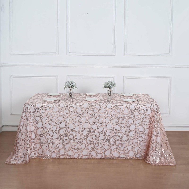 Rose Gold Sequin Leaf Embroidered Tulle Rectangular Tablecloth 90″x156″ for 8 Foot Table With Floor-Length Drop  |   Sequin Sequin Blush