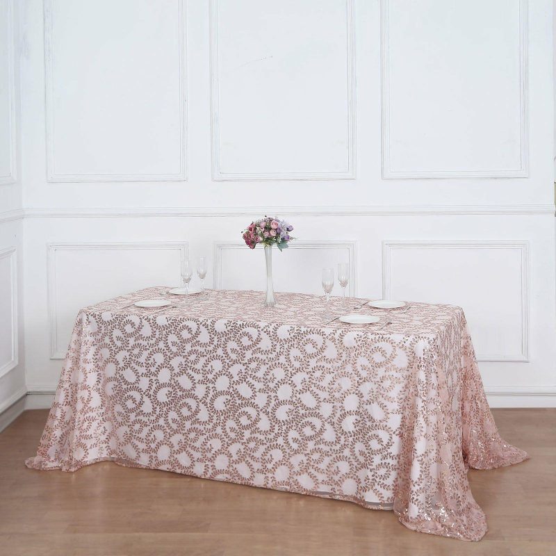 Rose Gold Sequin Leaf Embroidered Tulle Rectangular Tablecloth 90″x156″ for 8 Foot Table With Floor-Length Drop  |   Sequin Sequin Blush