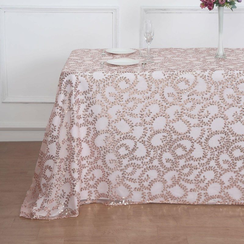 Rose Gold Sequin Leaf Embroidered Tulle Rectangular Tablecloth 90″x156″ for 8 Foot Table With Floor-Length Drop  |   Sequin Sequin Blush