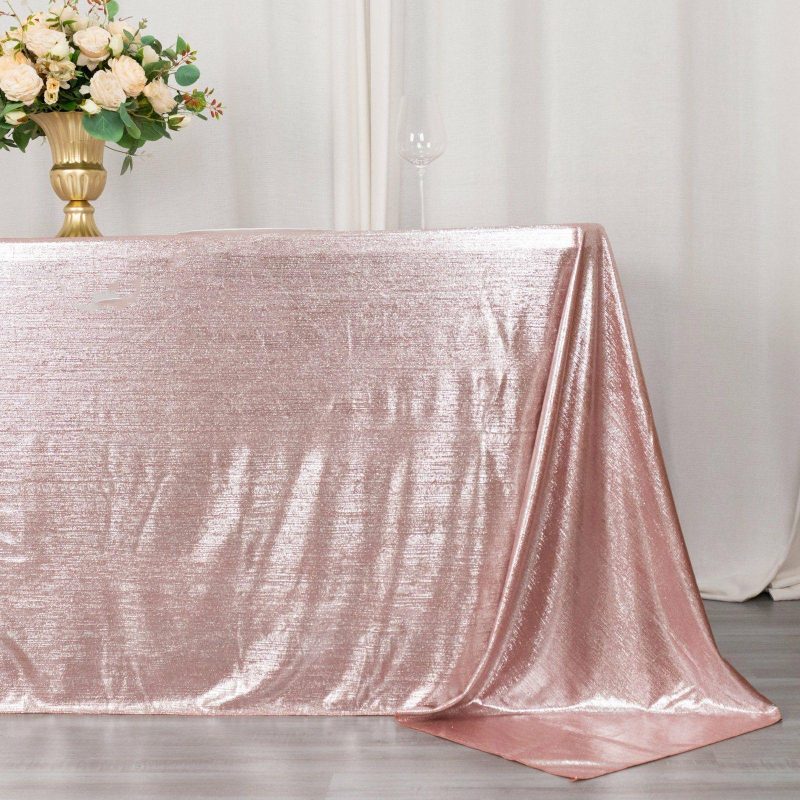 Rose Gold Shimmer Sequin Dots Polyester Tablecloth, Wrinkle Free Sparkle Glitter Tablecover 90″x132″ for 6 Foot Table With Floor-Length Drop  |   Polyester Polyester Polyester