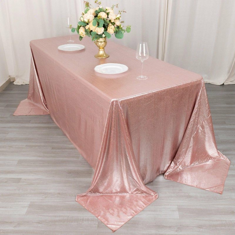 Rose Gold Shimmer Sequin Dots Polyester Tablecloth, Wrinkle Free Sparkle Glitter Tablecover 90″x132″ for 6 Foot Table With Floor-Length Drop  |   Polyester Polyester Polyester